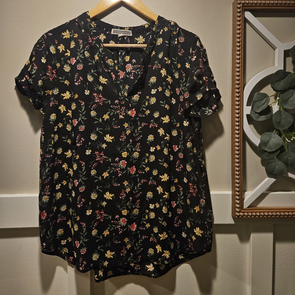 Pleione Anthropologie Floral Design Cap Sleeve Loose Fit Blouse Career Small